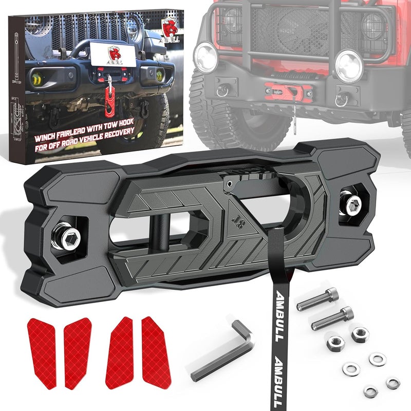 AMBULL Winch Fairlead with Tow Hook, Aluminum Hawse Fairlead with Grade 80 Forged Steel Winch Hook, 33000lb Break Strength Winch Fairlead Hook Set for Off-Road Vehicle Recovery, BlackDarkGrey - Image 1
